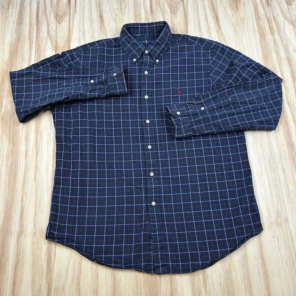 Polo Ralph Lauren Men's Large Blue Green Plaid Long Sleeve Button Shirt Classic